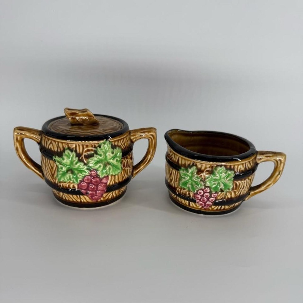 Vintage 1970s Ceramic Sugar Bowl and Creamer Set Brown Gold Grapevine Japan